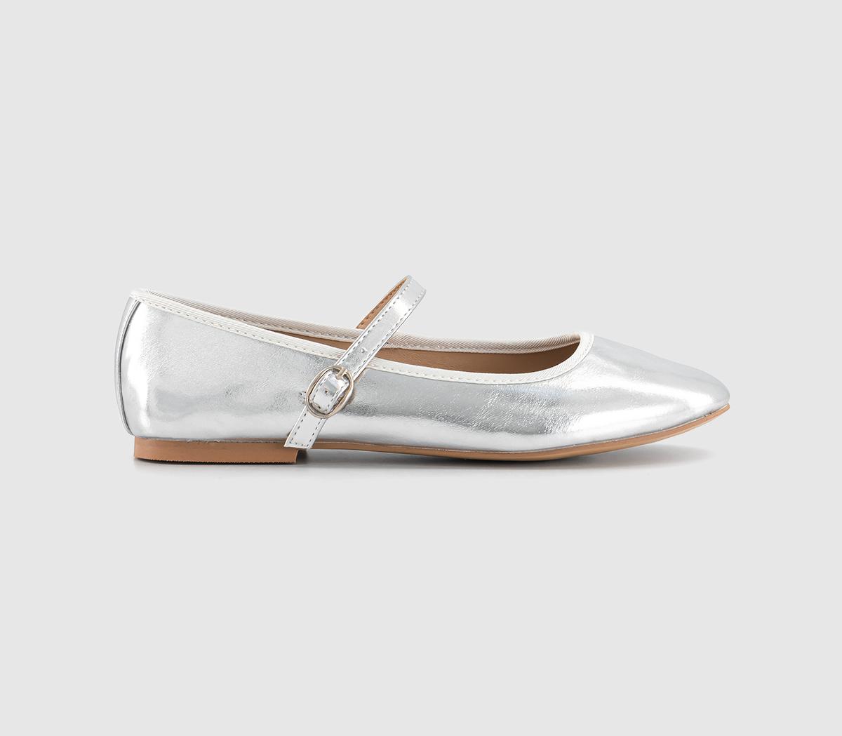Flower Mary Jane Ballerina Shoes Silver