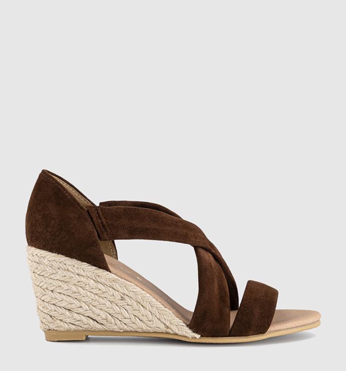 OFFICE Maiden Cross Strap Espadrille Wedge Heeled Sandals Brown Suede