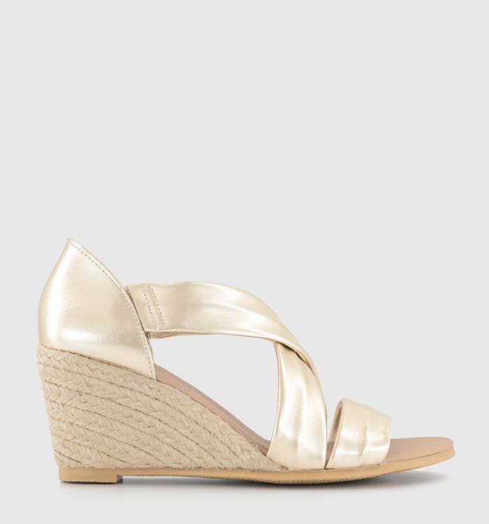 OFFICE Maiden Cross Strap Espadrille Wedges Gold Leather