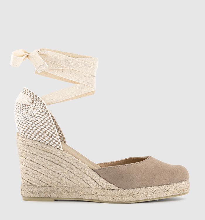 OFFICE Marmalade Ankle Tie Espadrille Wedge Heels Taupe Suede