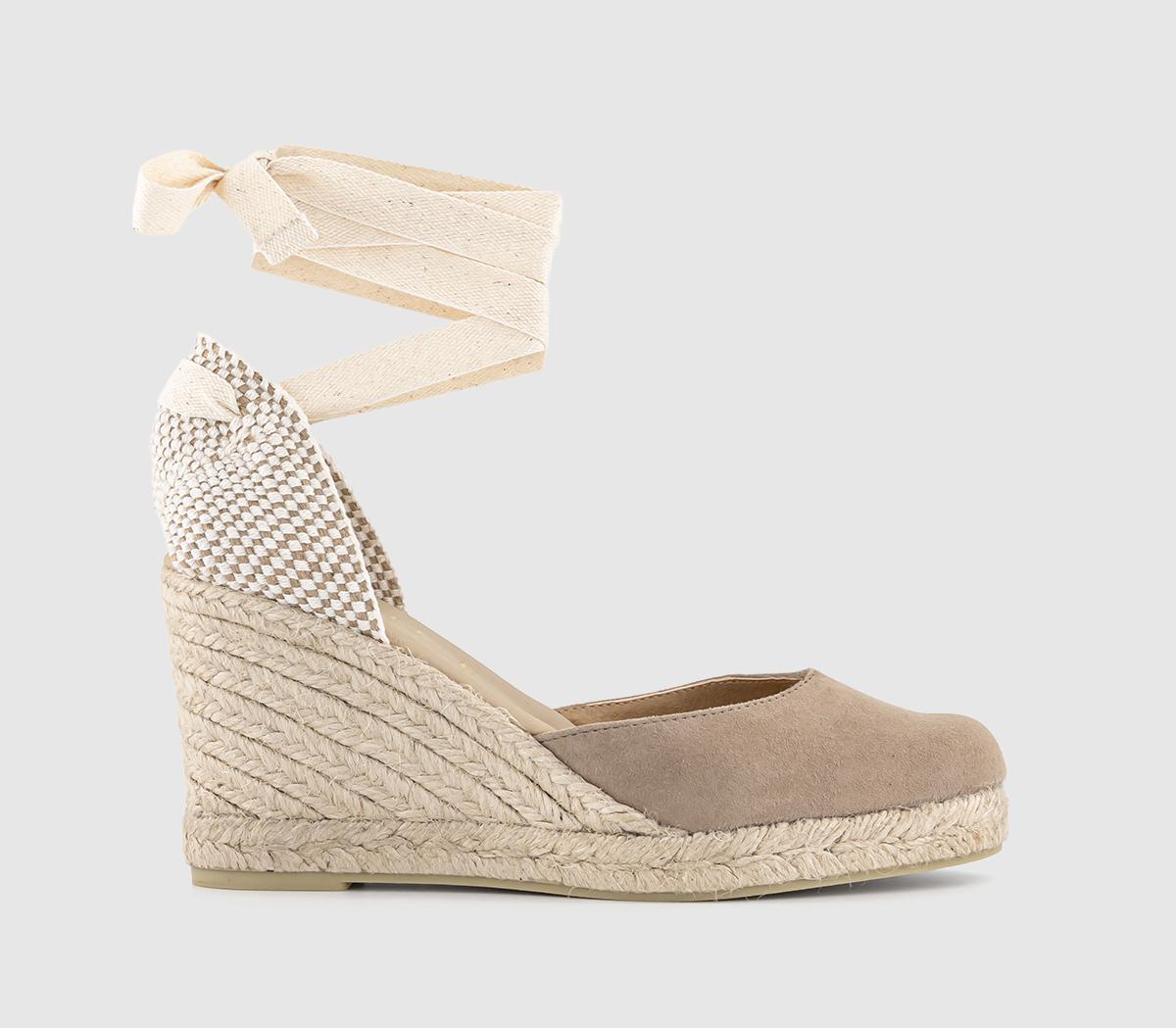 OFFICE Marmalade Ankle Tie Espadrille Wedge Heels Taupe Suede - Wedges