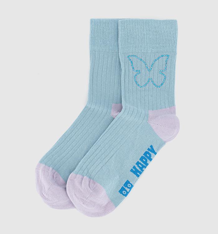 Happy Socks Butterfly Rhinestone Crew Socks Light Blue