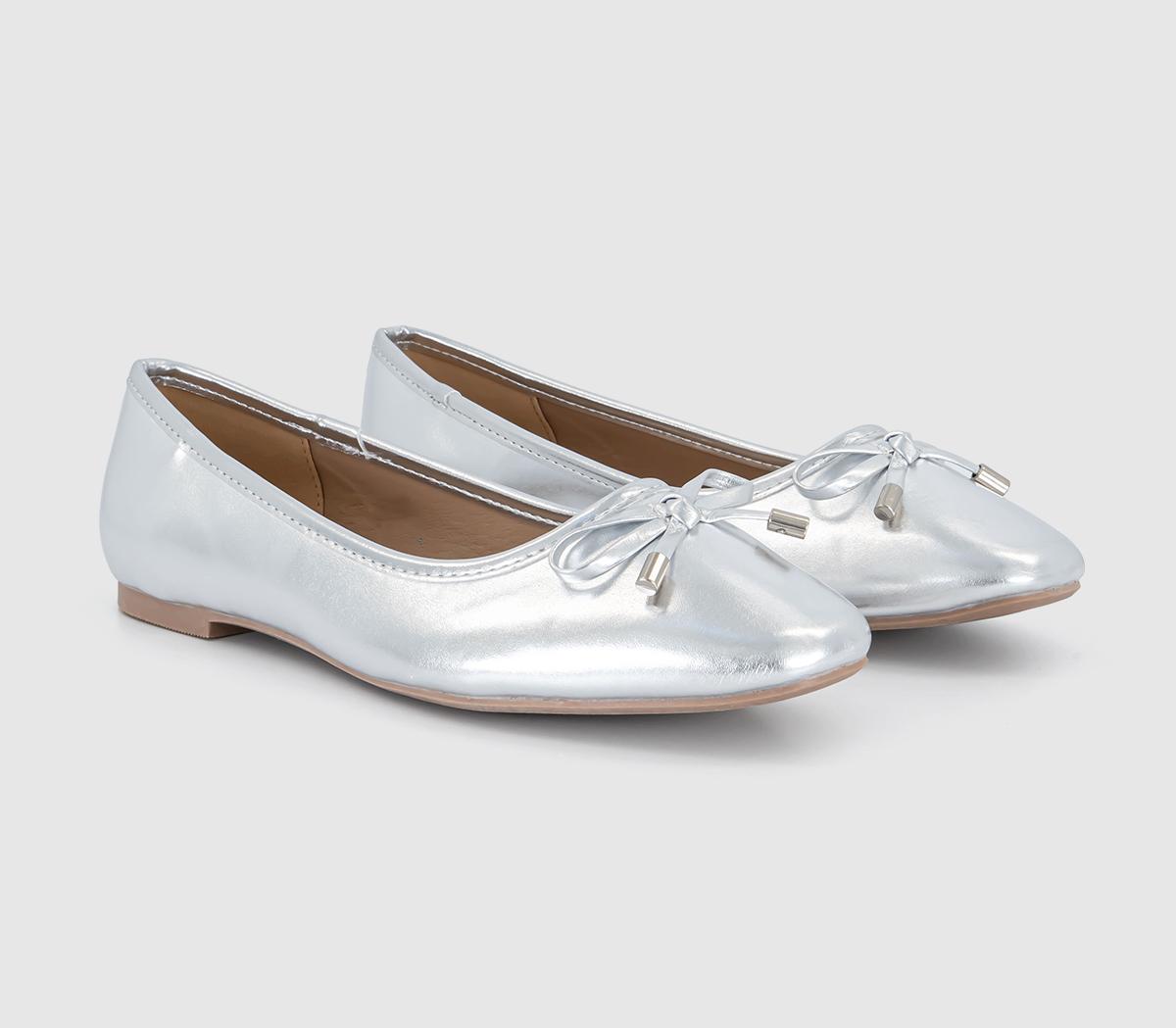 OFFICE Flora Bow Detail Ballet Pumps Silver - Flat Shoes for Women