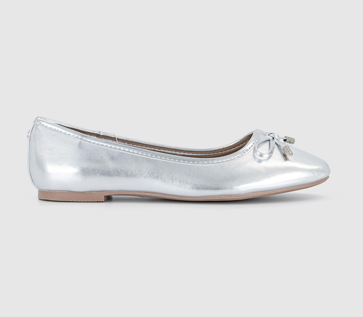 OFFICE Flora Bow Detail Ballet Pumps Silver Flat Shoes for Women