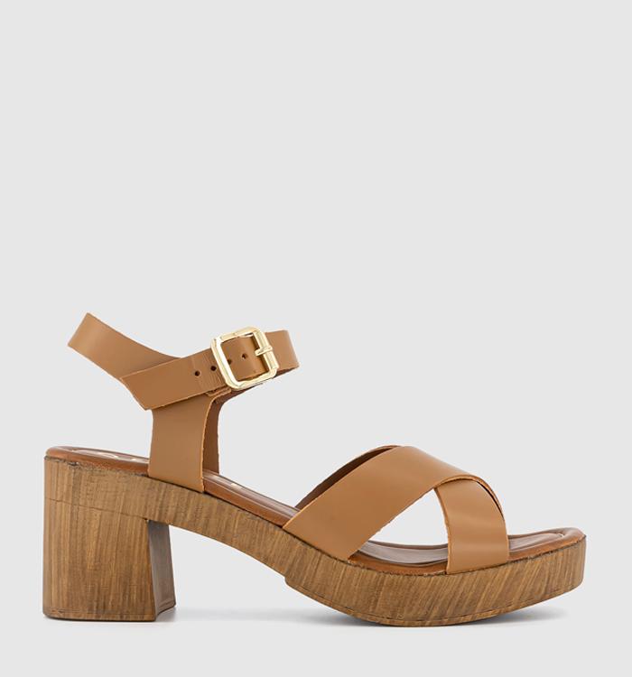 OFFICE Maven Cross Over Wood Effect Heeled Sandals Tan Leather