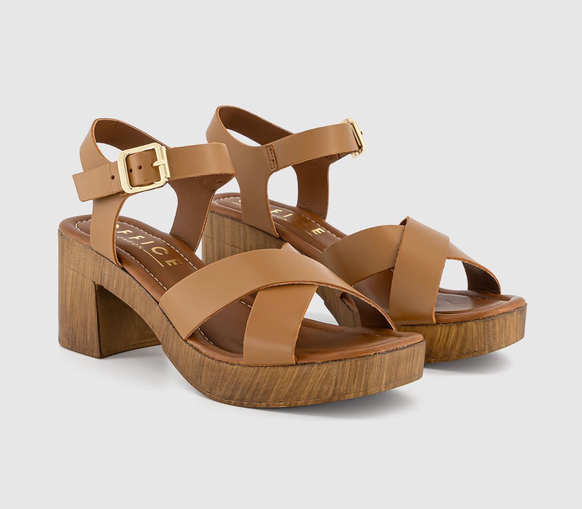 OFFICE Maven Cross Over Wood Effect Heeled Sandals Tan Leather - Mid Heels