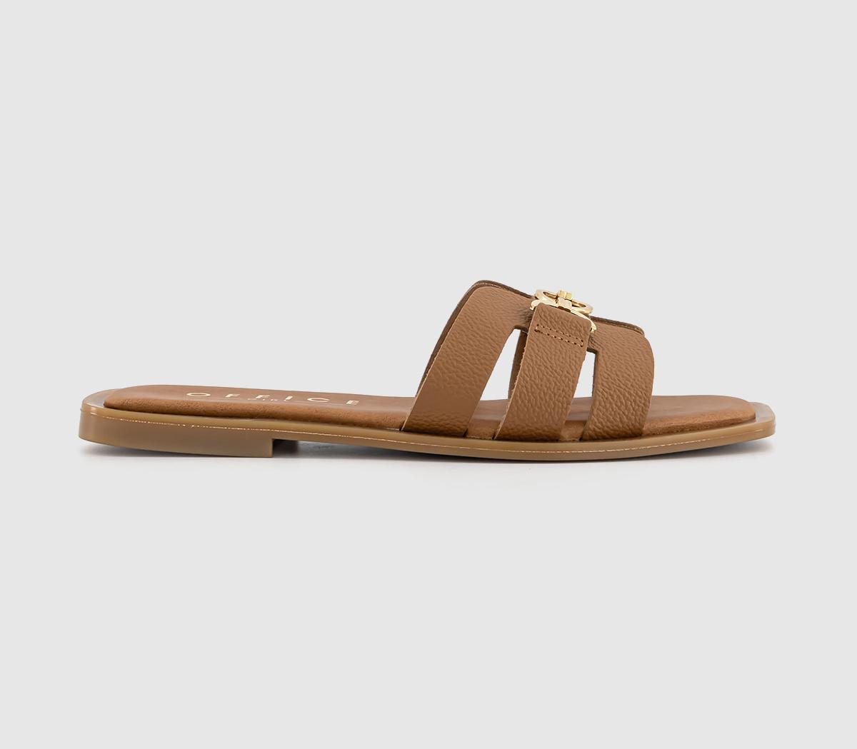 OFFICE Sorrento Gold Trim Slides Tan Leather - Women’s Sandals