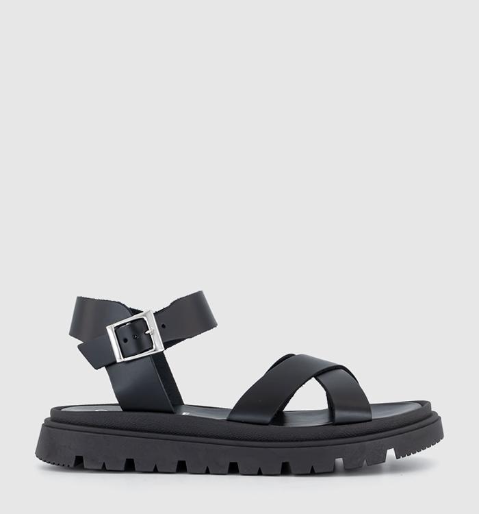 OFFICE Shout Cross Over Leather Chunky Sandals Black Leather