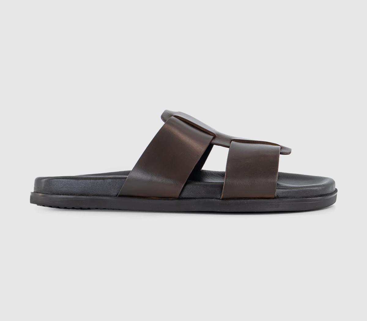 OFFICE Mens Santino Leather Interweave Sliders Brown, 6