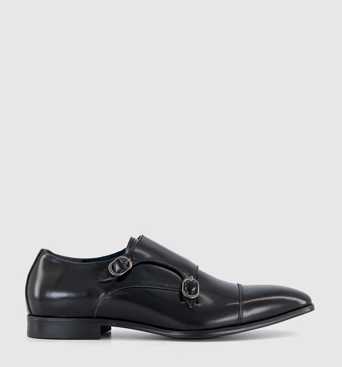 Poste Preston Double Monk Strap Shoes Black Leather