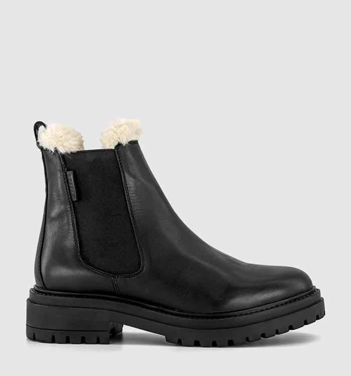 OFFICE Angelica Cleated Chelsea Boots Black Leather Cream Fur Lined