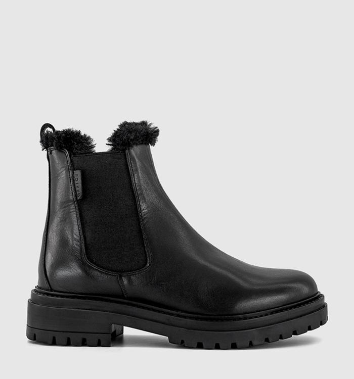 OFFICE Angelica Cleated Chelsea Boots Black Leather Black Fur Lined