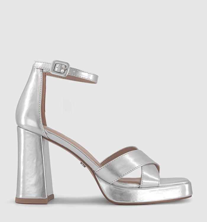 OFFICE Hendrix Closed Back Cross Over Platform Heels Silver