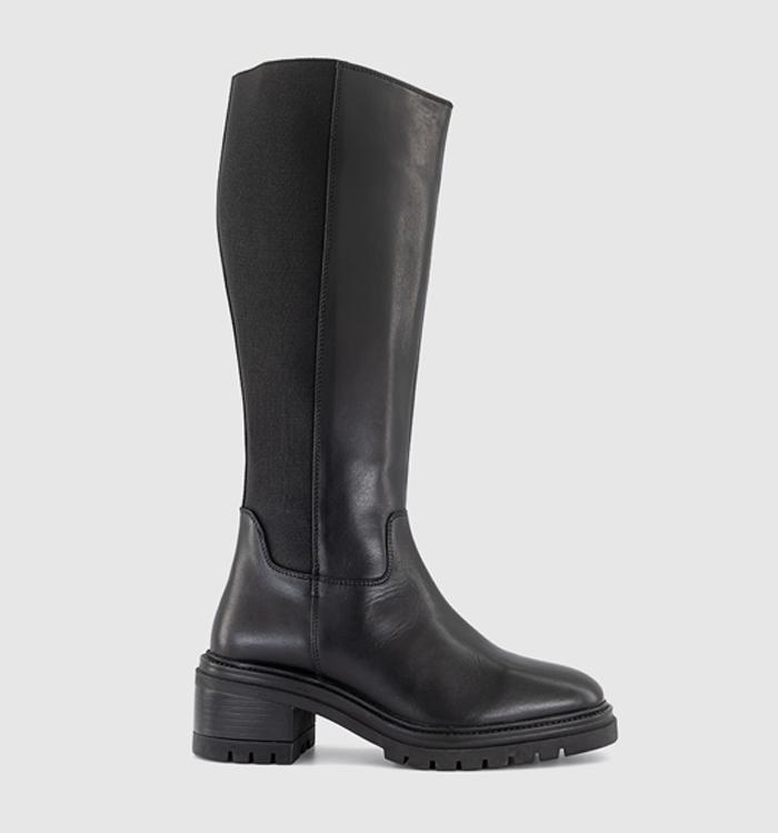 OFFICE Kindred Elastic Back Cleat Sole Knee Boots Black Leather