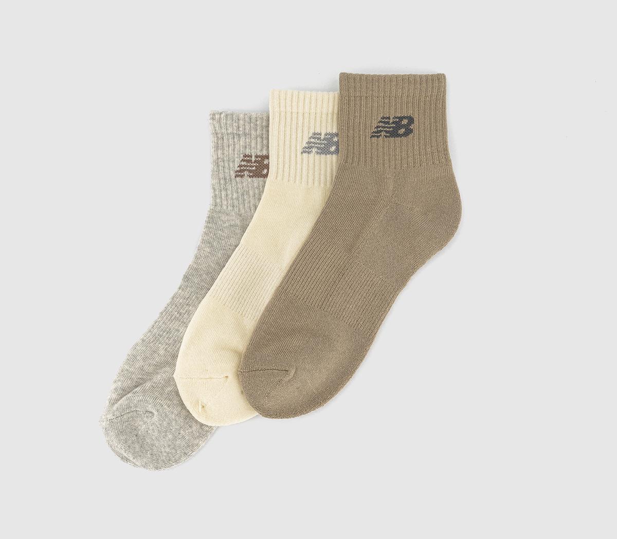 New Balance Cream & Brown Cotton Everyday Ankle Socks 3 Pack, Size: M