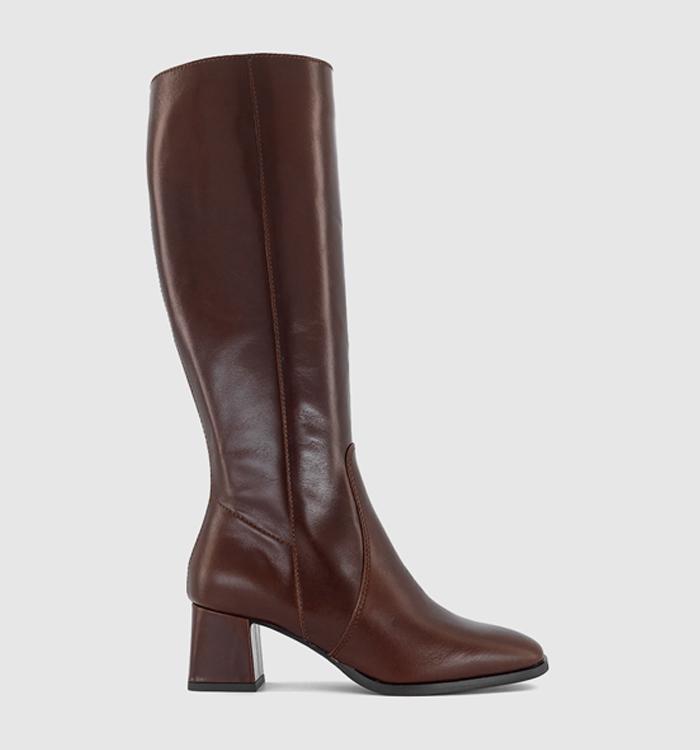 OFFICE Kleo Block Heel Knee High Boots Choc Leather