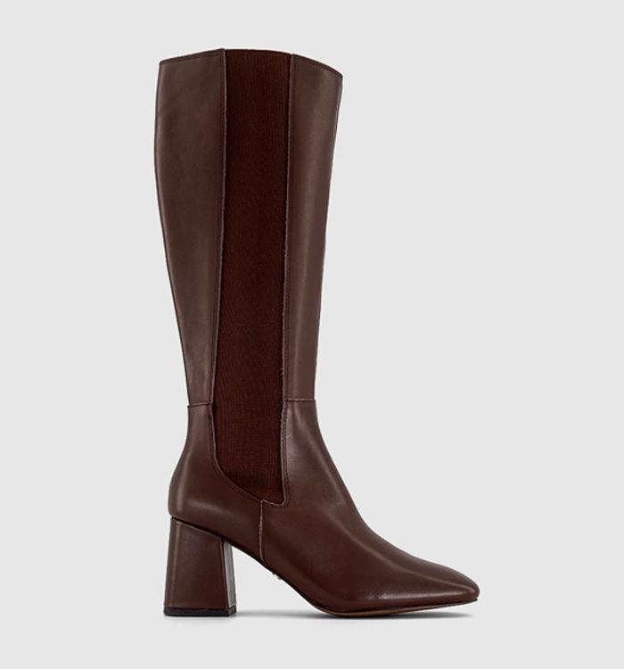 OFFICE Kassie Block Heel Chelsea Knee High Boots Choc Leather
