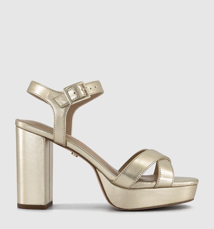 OFFICE Honor Cross Over Platform Block Heel Sandals Gold