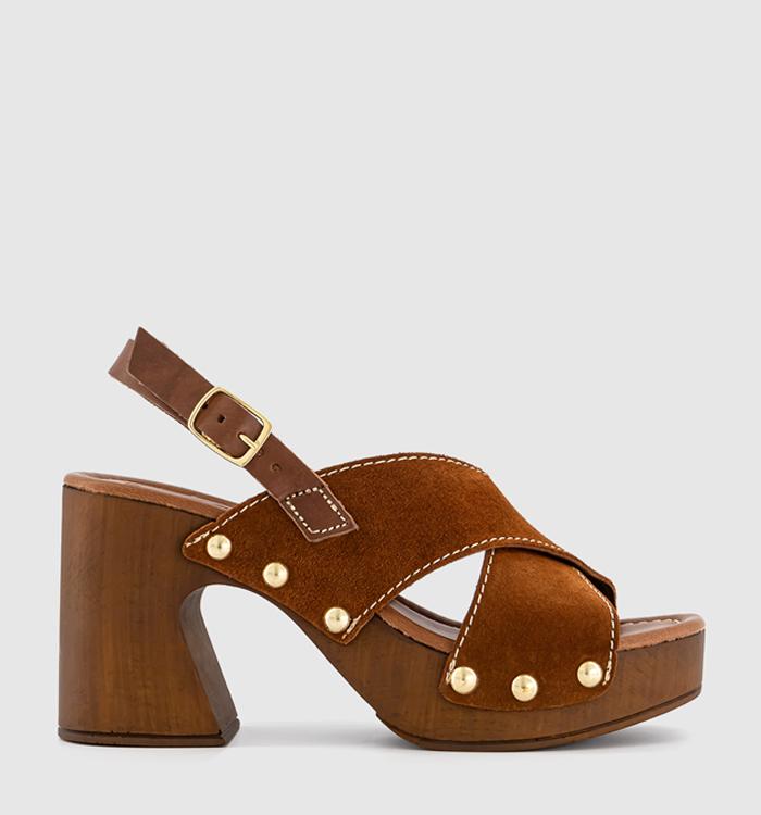 OFFICE Miley Cross Over Wood Effect Heeled Sandals Tan Suede
