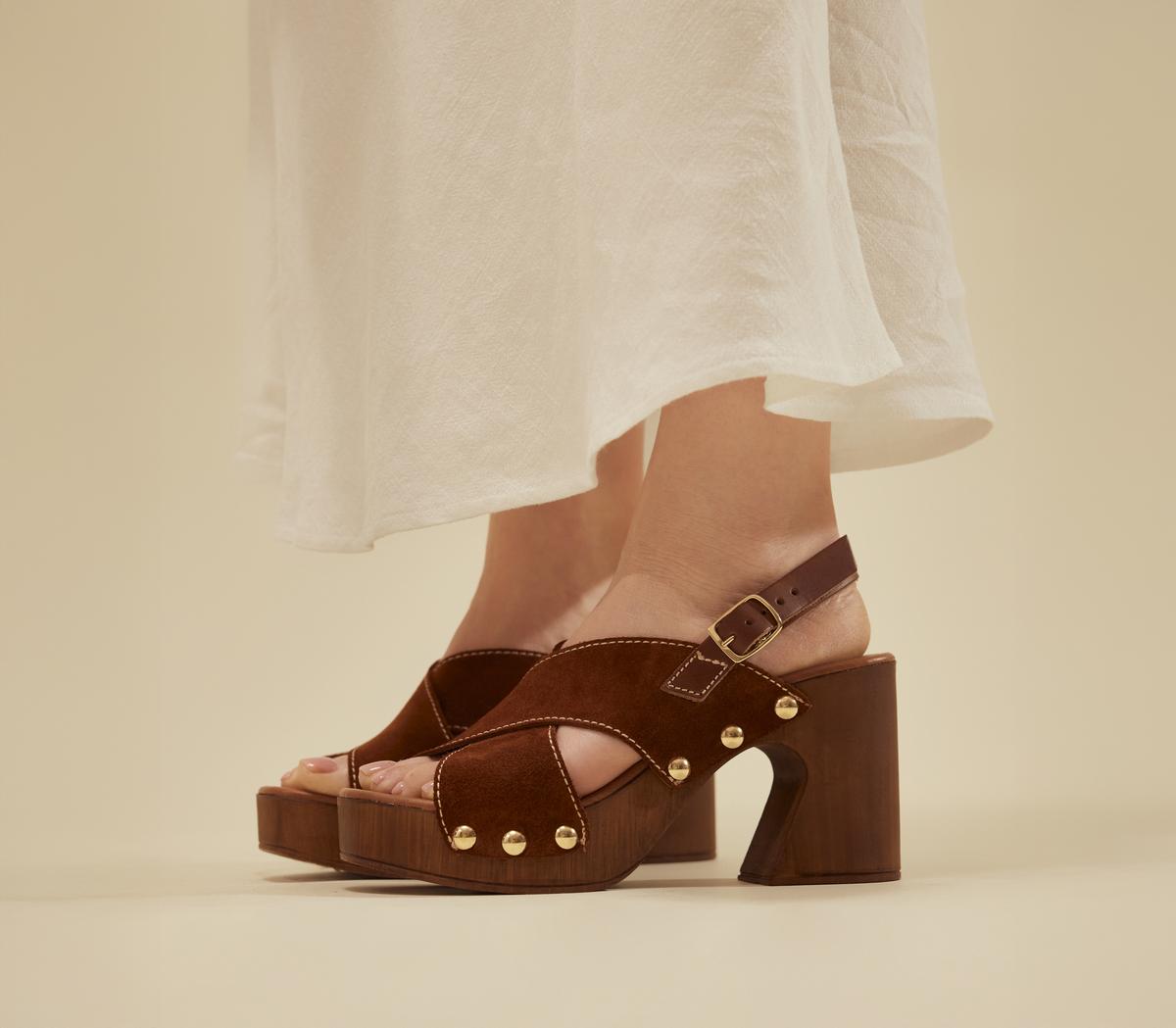 OFFICE Miley Cross Over Wood Effect Heeled Sandals OFFICE Miley Cross Over Wood Effect Heeled Sandals Tan Suede