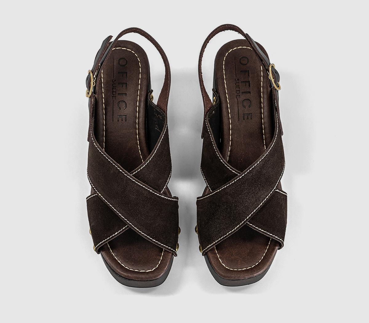 OFFICEMiley Cross Over Wood Effect Heeled SandalsChocolate Suede