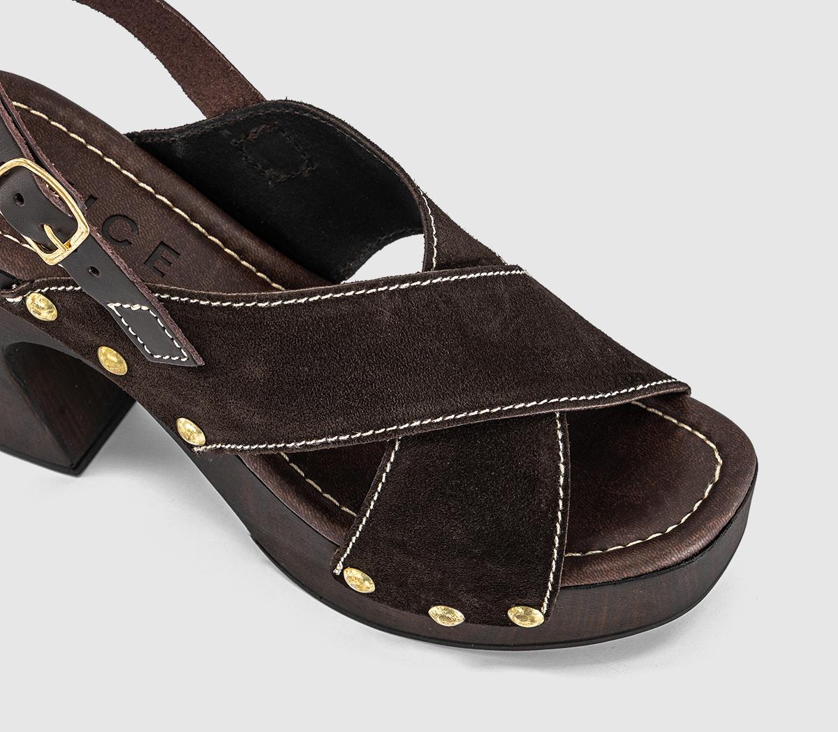 OFFICEMiley Cross Over Wood Effect Heeled SandalsChocolate Suede