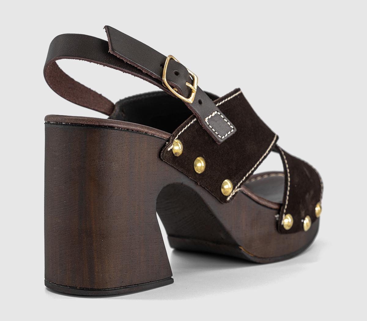 OFFICEMiley Cross Over Wood Effect Heeled SandalsChocolate Suede
