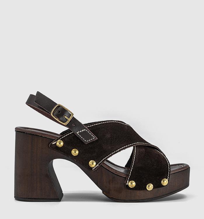 OFFICE Miley Cross Over Wood Effect Heeled Sandals Chocolate Suede