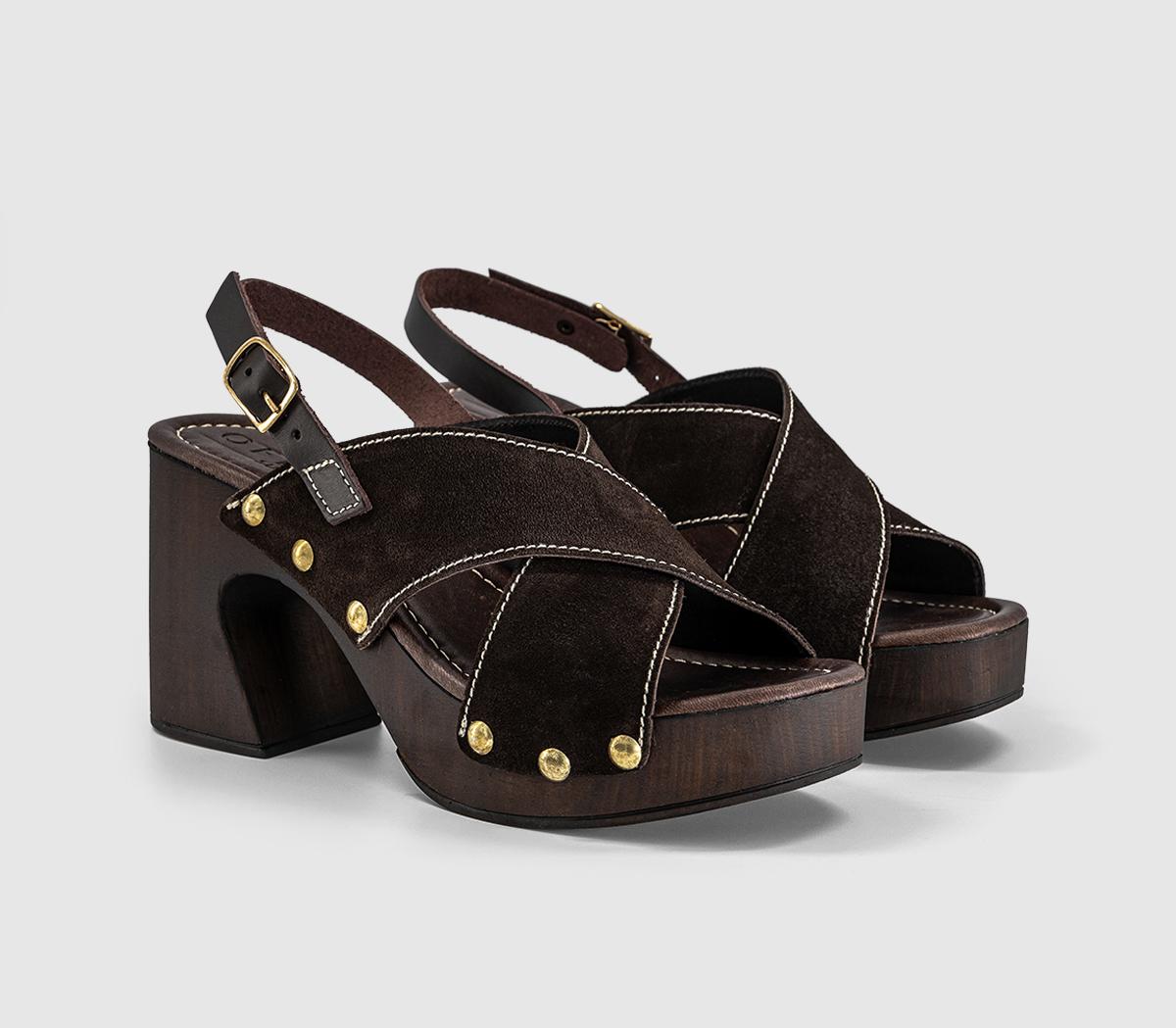 OFFICEMiley Cross Over Wood Effect Heeled SandalsChocolate Suede