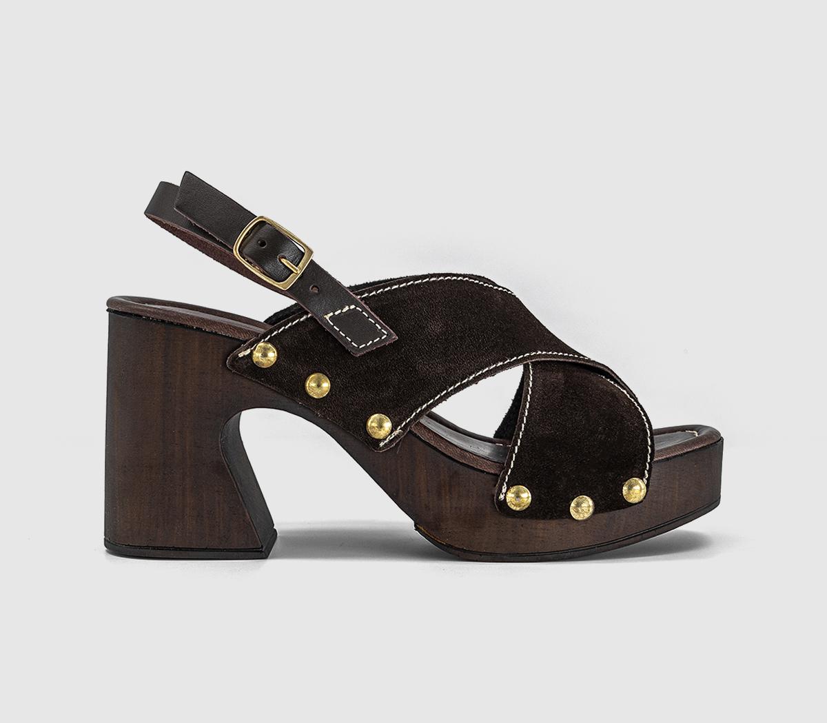 OFFICEMiley Cross Over Wood Effect Heeled SandalsChocolate Suede