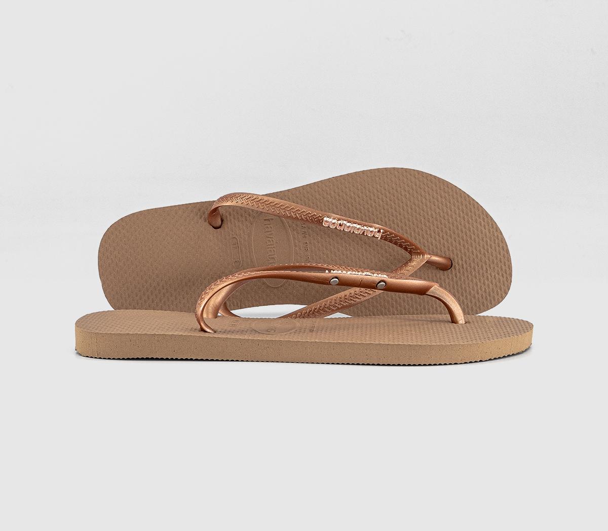Havaianas Slim Logo Metallic Flip Flops Rose Gold  in Women's Size 3/4, Office Shoes