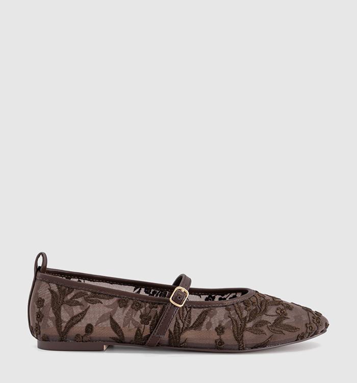 OFFICE Forest Embroidered Mary Janes Ballet Pumps Brown