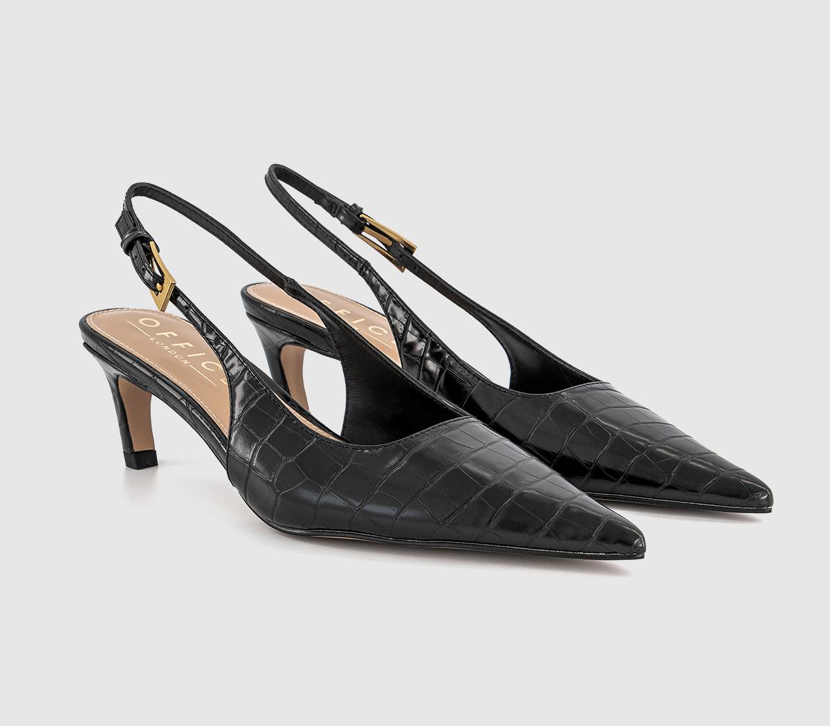 OFFICEMorgan Croc Slingback Kitten HeelsBlack Croc Patent