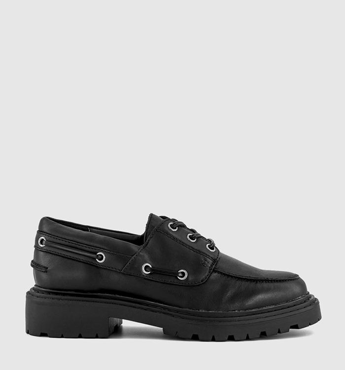 OFFICE Flare Lace Up Chunky Boat Shoes Black Leather