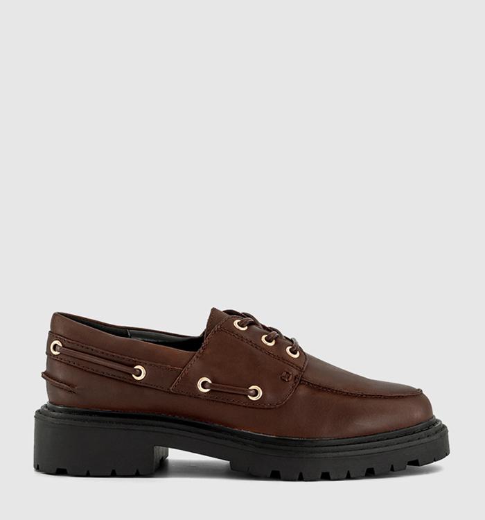OFFICE Flare Lace Up Chunky Boat Shoes Brown Leather