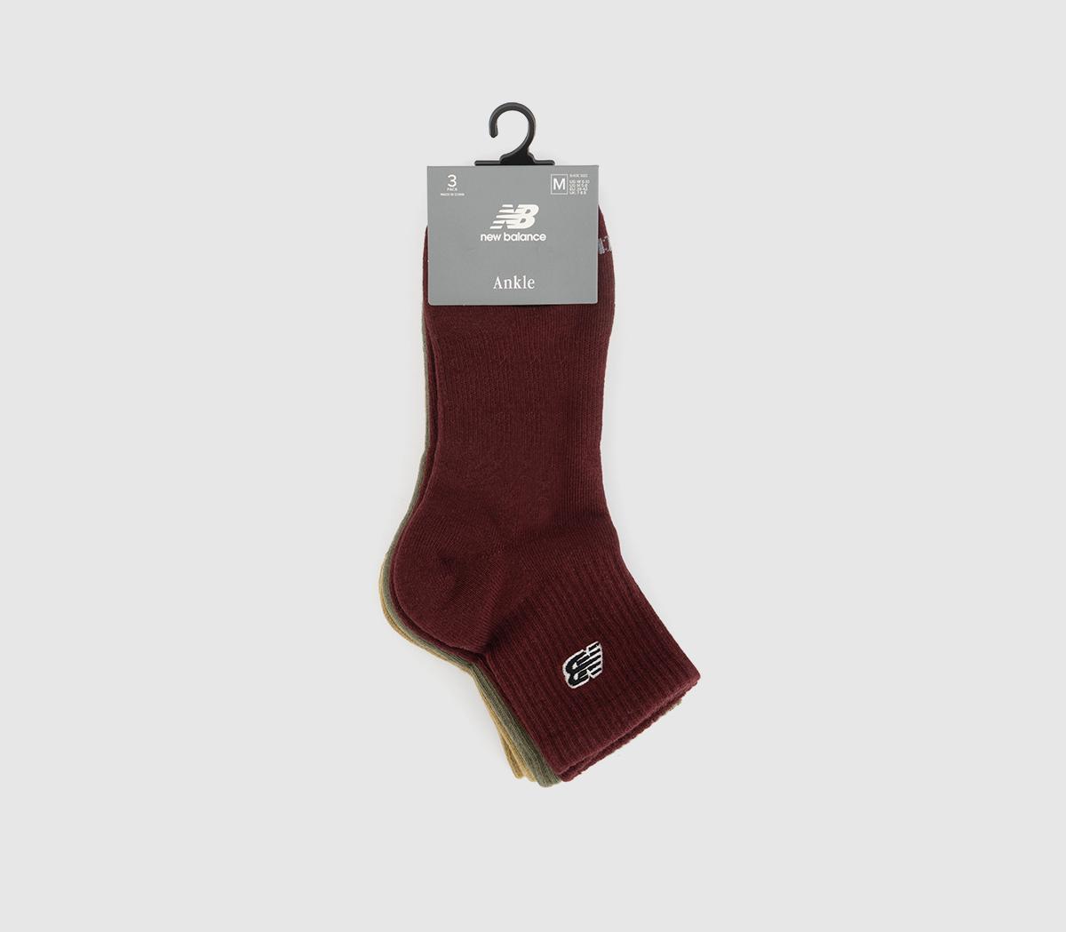 New Balance SocksNew Balance Black Patch Logo Ankle 3 Pack SocksGreen Burgundy