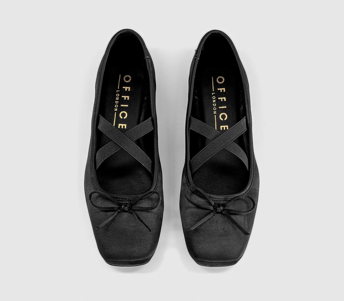 OFFICEFate Elastic Cross Strap Square Toe Ballerina PumpsBlack Satin