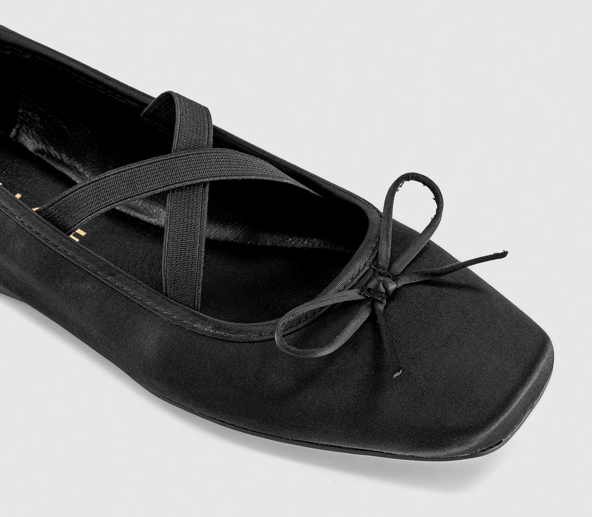 OFFICEFate Elastic Cross Strap Square Toe Ballerina PumpsBlack Satin