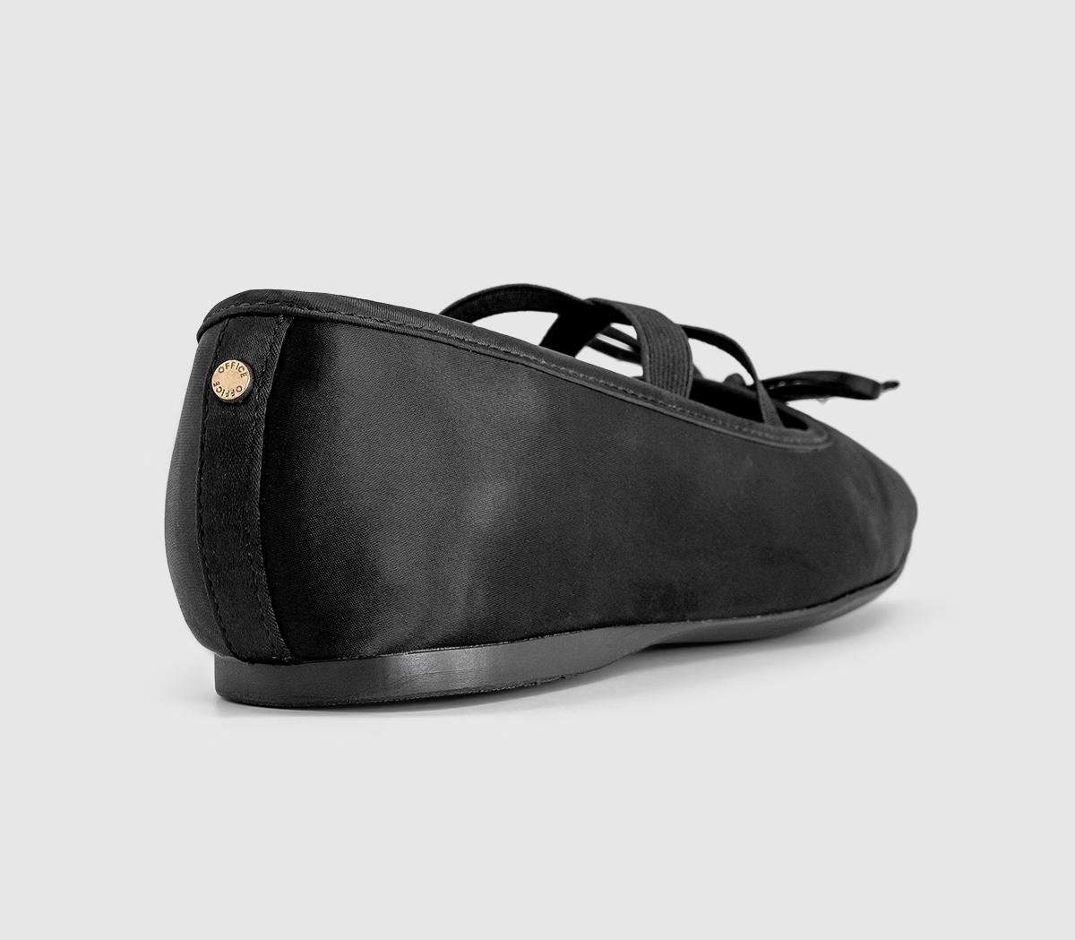 OFFICEFate Elastic Cross Strap Square Toe Ballerina PumpsBlack Satin
