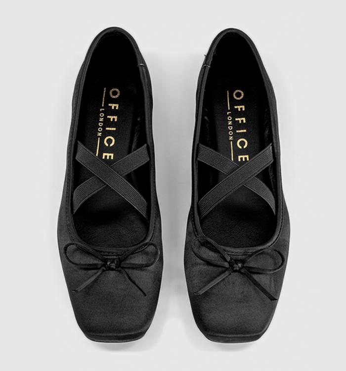 OFFICE Fate Elastic Cross Strap Square Toe Ballerina Pumps Black Satin
