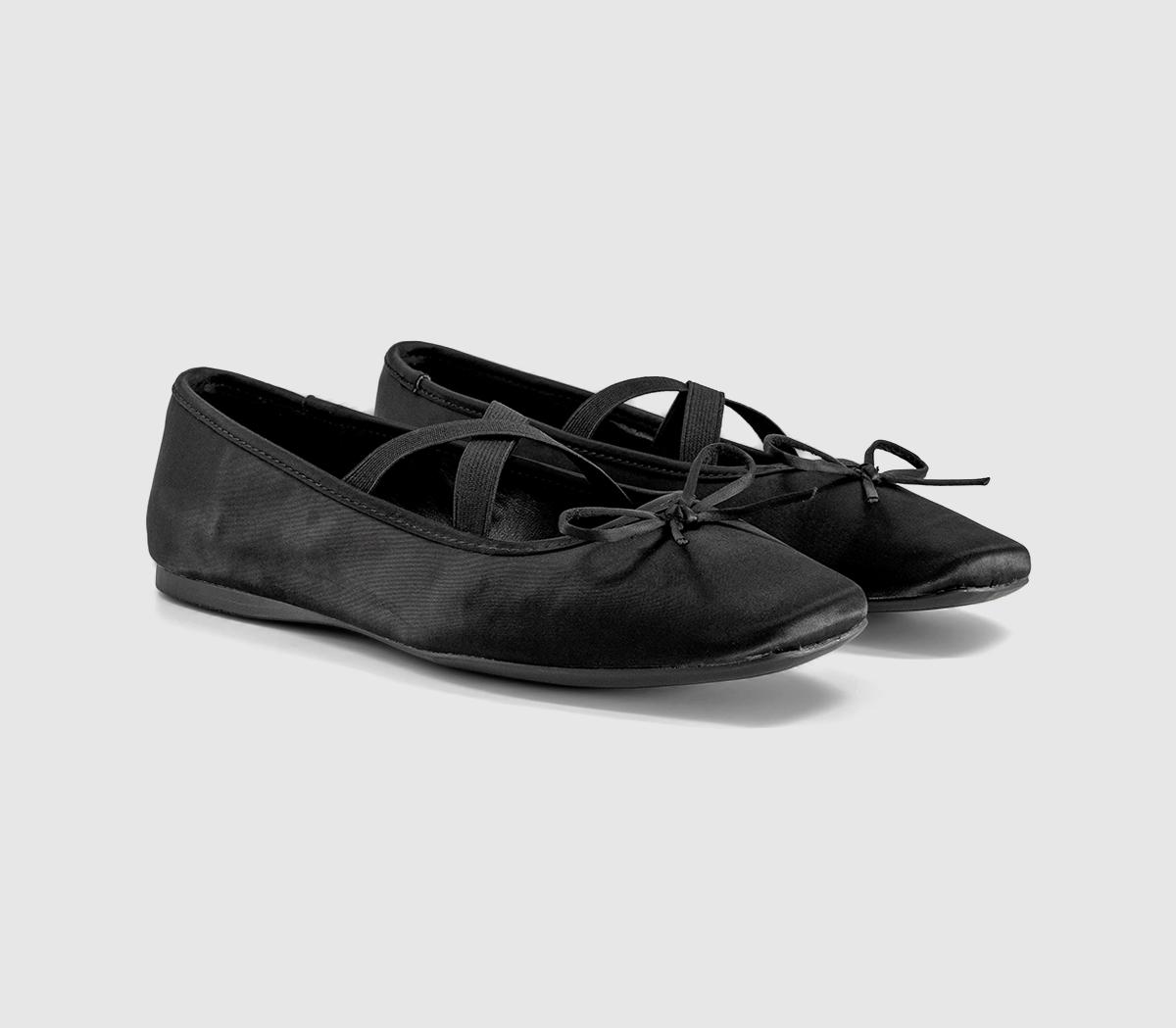 OFFICEFate Elastic Cross Strap Square Toe Ballerina PumpsBlack Satin
