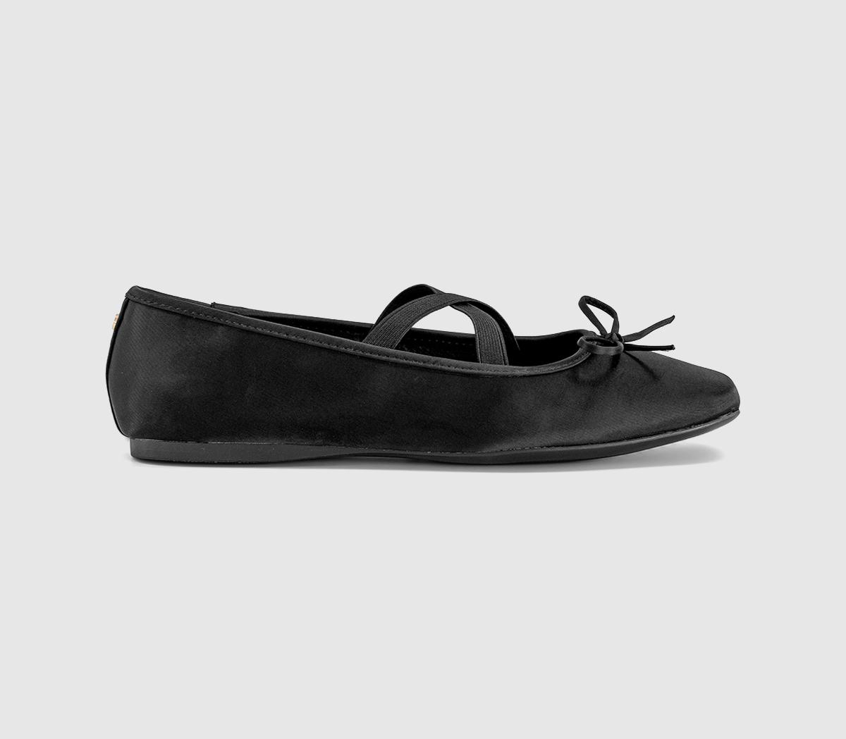 OFFICEFate Elastic Cross Strap Square Toe Ballerina PumpsBlack Satin