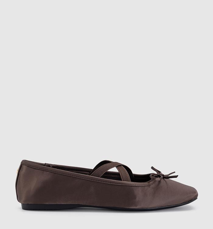OFFICE Fate Elastic Cross Strap Square Toe Ballerina Flats Brown Satin