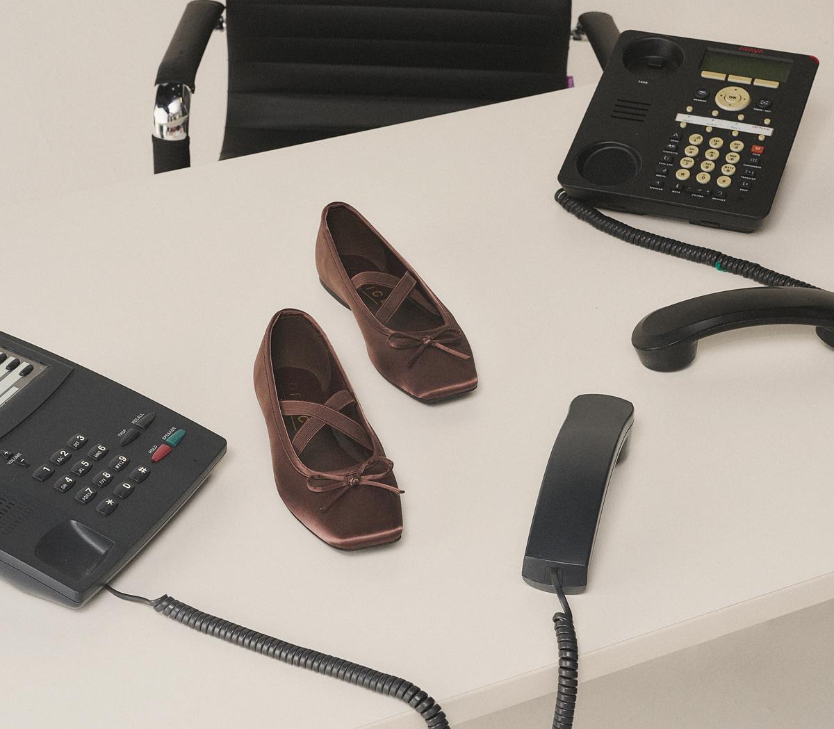 OFFICEFate Elastic Cross Strap Square Toe Ballerina FlatsBrown Satin