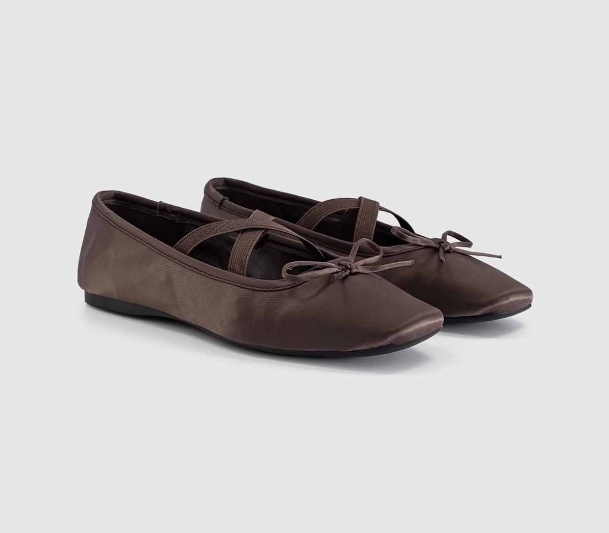 OFFICEFate Elastic Cross Strap Square Toe Ballerina FlatsBrown Satin