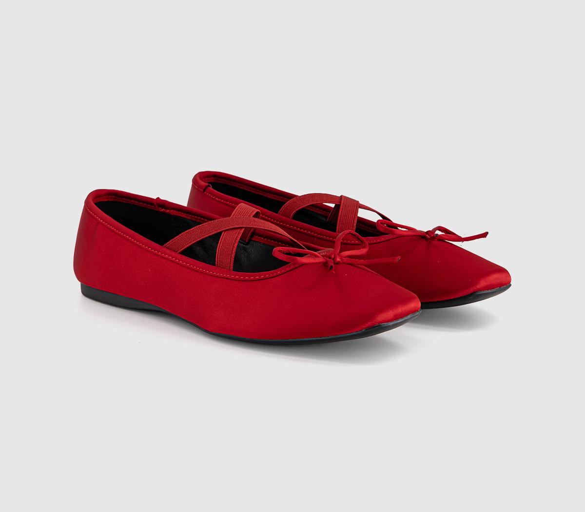 OFFICEFate - Elastic Cross Strap Square Toe BallerinaRed Satin