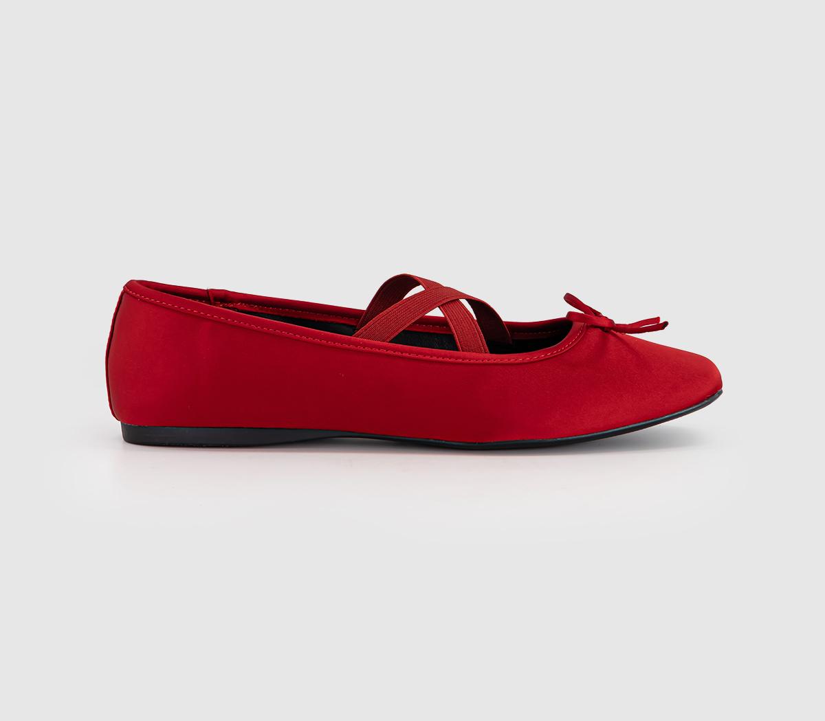 OFFICEFate - Elastic Cross Strap Square Toe BallerinaRed Satin