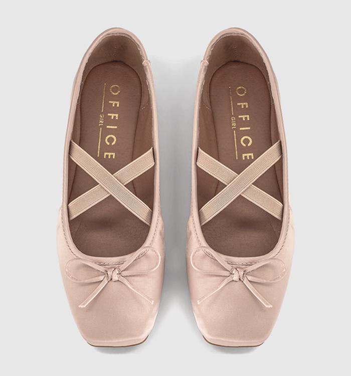 OFFICE Fate Elastic Cross Strap Square Toe Ballerina Flats Pink Satin
