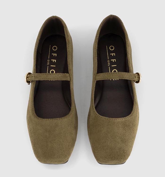 OFFICE Flourish Square Toe Mary Jane Ballerina Pumps Olive Faux Suede