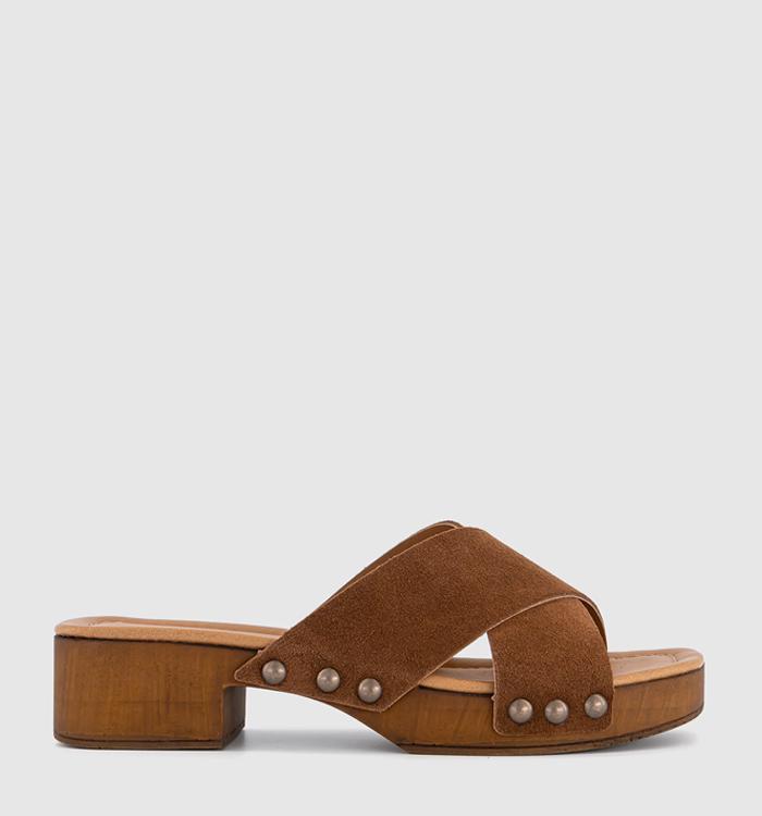 OFFICE Sofia Cross Over Wood Effect Mules Brown Suede